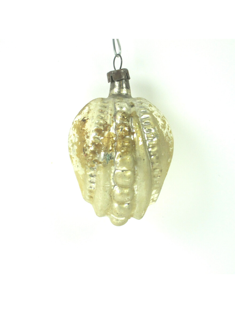 Vintage Glass Christmas Ornament Gold Budding Flower Embossed Beading MCM 2"